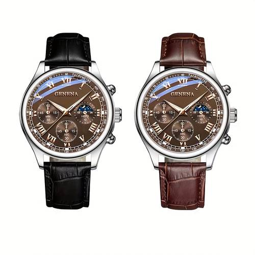 2pcs set mens fashion casual quartz watch set round roman dial pu strap three style battery operated with electronic button alloy case ideal gift for valentines day easter ramadan birthday christmas