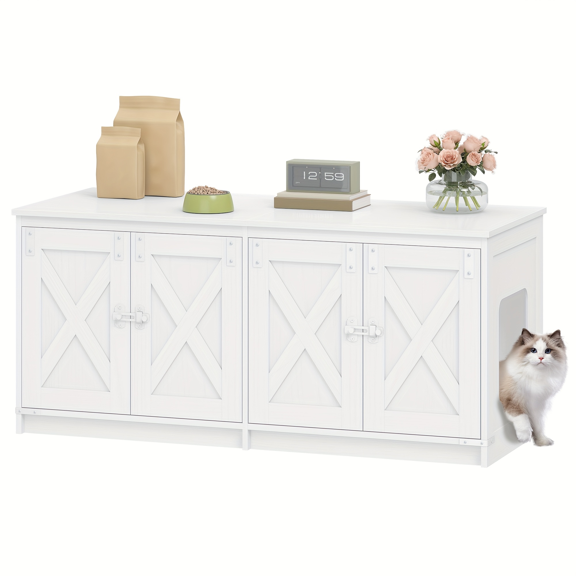 Image of Cat Cabinet, Cat Litter Tray Cabinet For 2 Cats, Hidden Cat Litter Box Cabinet, Indoor Cat House, Farmhouse Style, 119 X 48 X 53.5cm, White