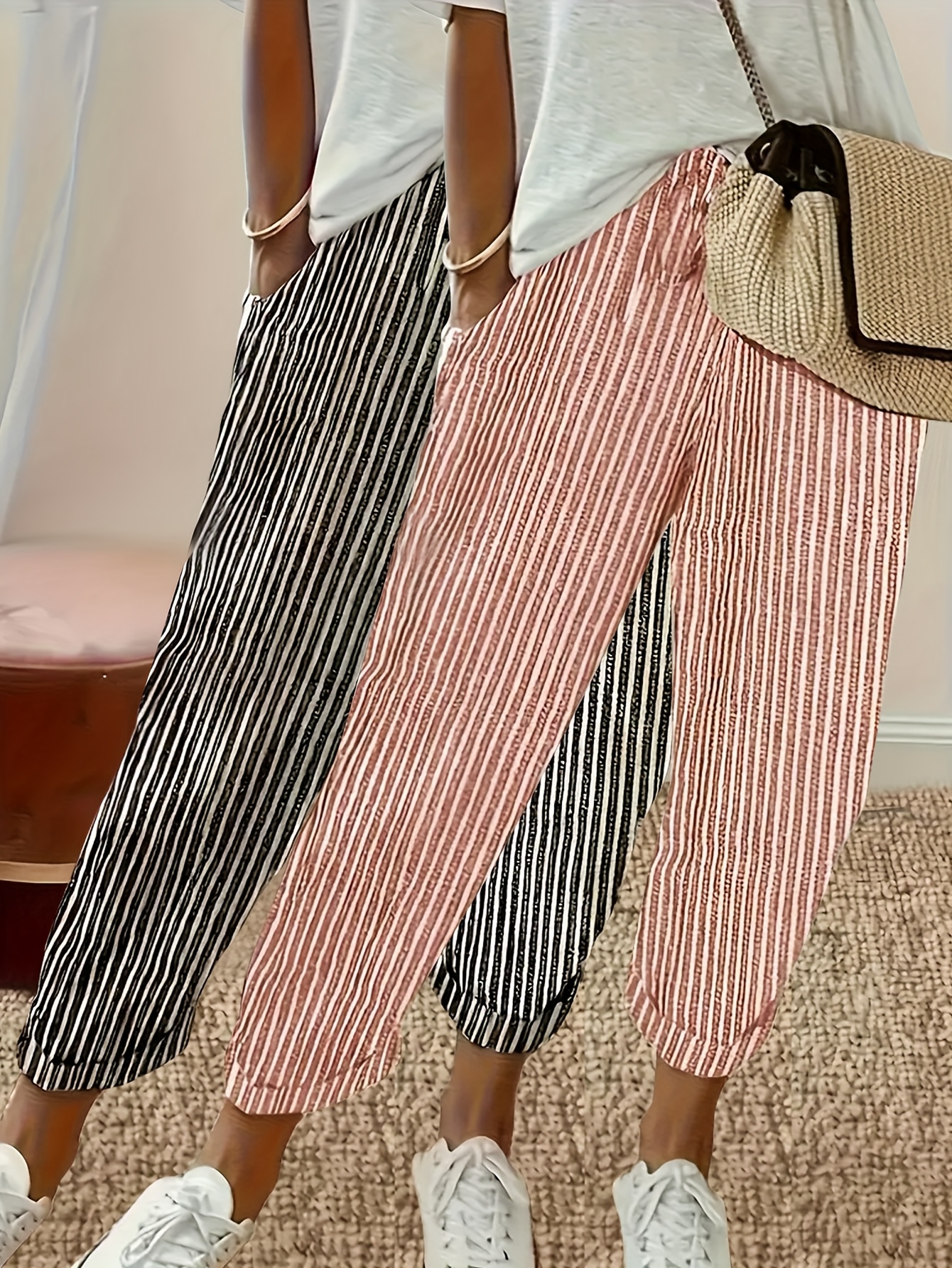 two pack color striped casual nine pants black red 0