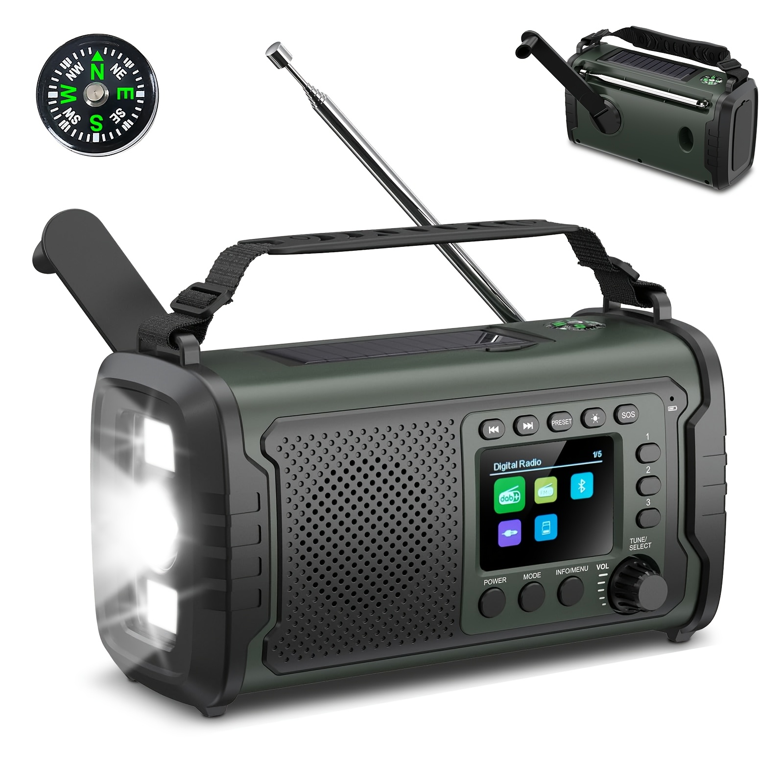 27000mah Dab+/fm Hand Crank Emergency Weather Radio With Wireless 5.3, Mobile Phone Charging, Dab+/fm Radio With Tf Card, Aux In, Tft Screen, Alarm Function, Compass Sos For Camping Outdoor