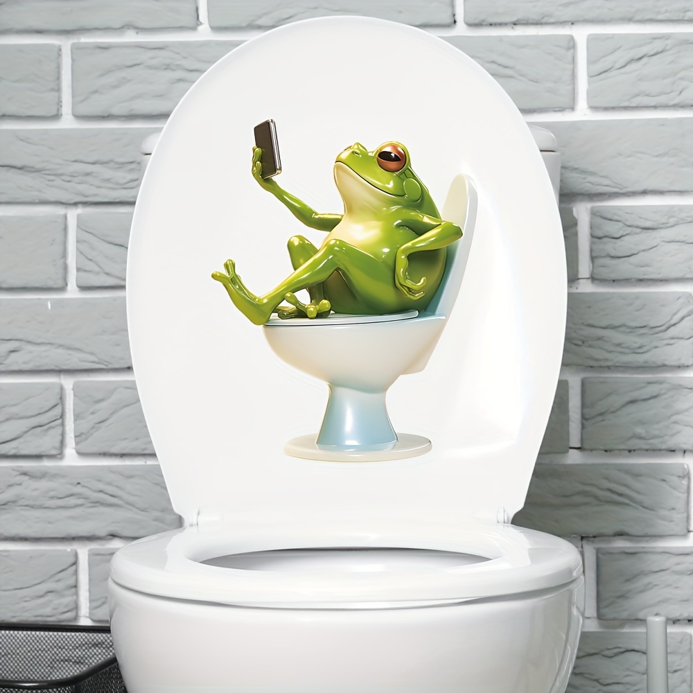 

Frogtastic Toilet Stickers: Add A Whimsical Touch To Your Bathroom With A Frog On And Phone In Hand - Animal Print, Vinyl Material, Self-adhesive, One-time Use, Irregular Shape, Glossy Finish