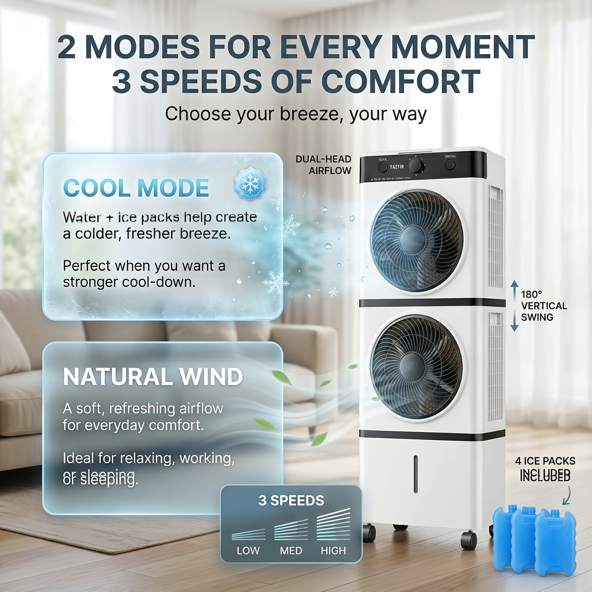 Portable Dual-Head Air Cooler Fan, 24Ft Reach, 2 Modes, 3 Speeds,... product image 4