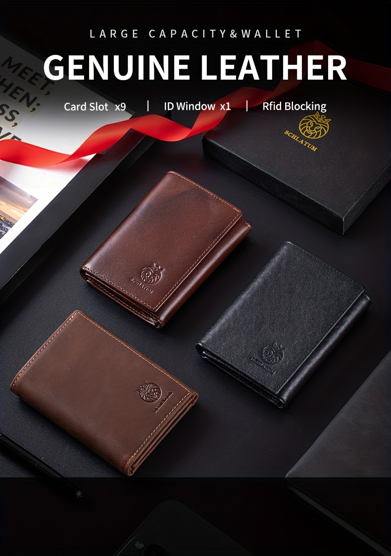 Crazy Horse Genuine Leather Trifold Wallets for Men & Women Real Genuine Leather Slim Front Pocket RFID Blocking Travel with ID Window