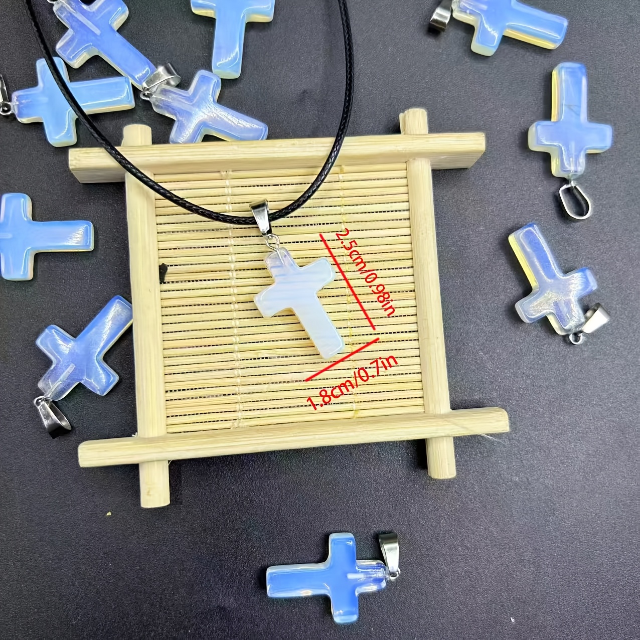 10pcs Set: Natural Stone Cross Pendants with Leather Cords