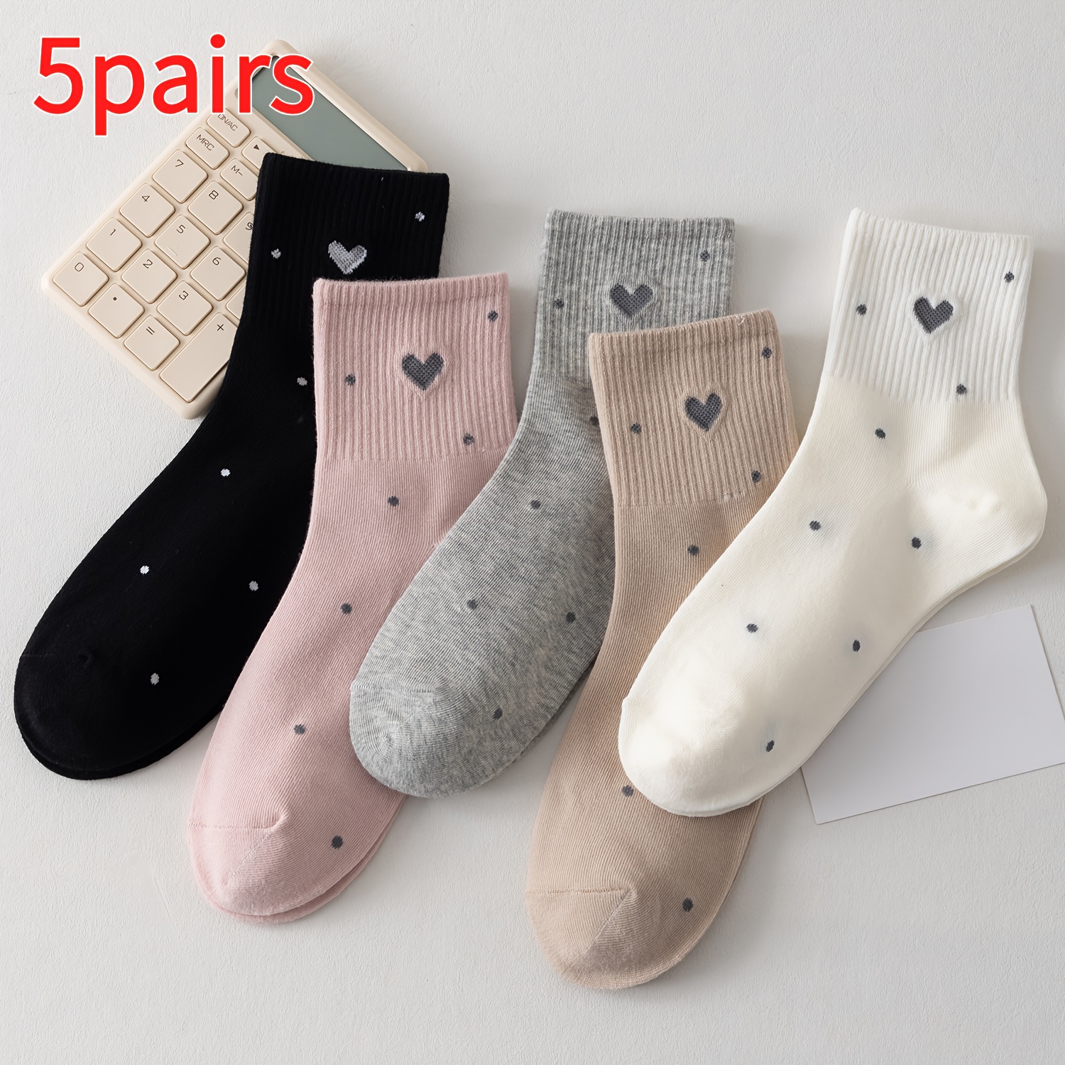 5 Pairs/mixed Colors/autumn And Winter Women's Love Solid Color Polka Dot Mid-calf Socks