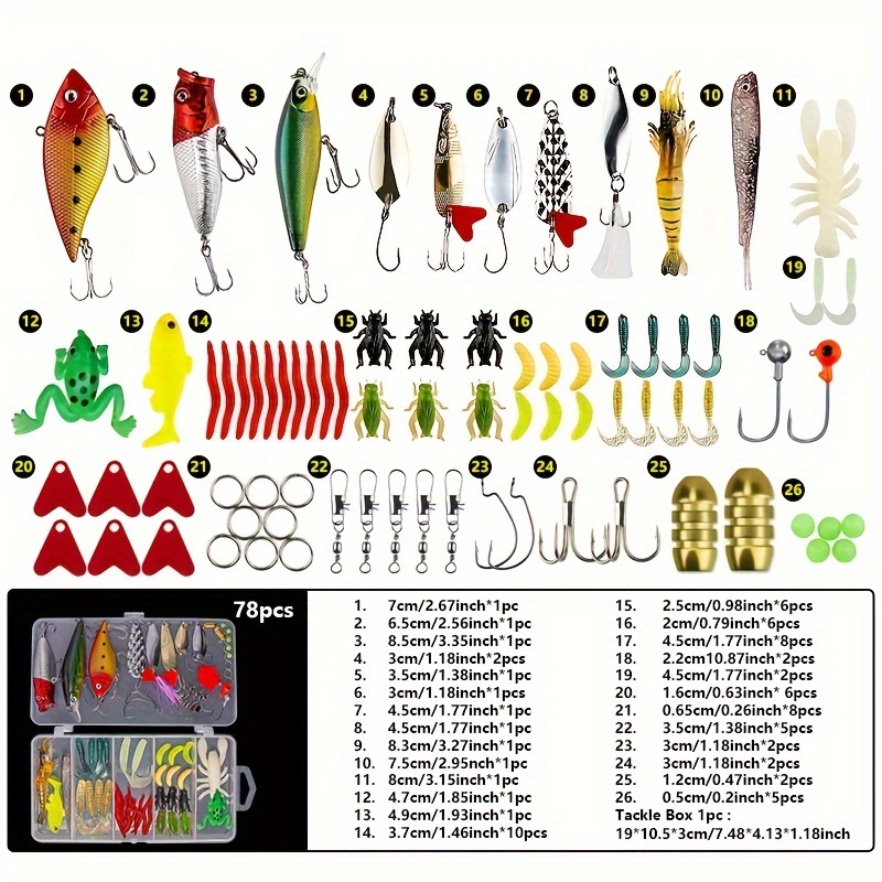 78Pcs Fishing Lures Kit With Tackle Box For Saltwater Freshwater
