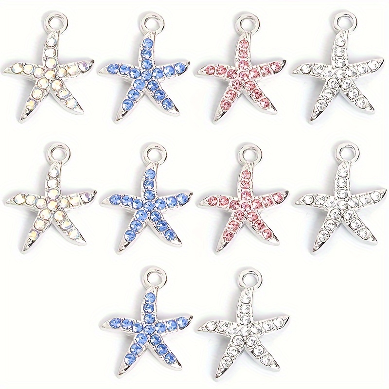 TEMU 10pcs Fashion 3-colors Rhinestones Inlaid Starfish Charms Summer Casual Beach Vacation Wind Chime Keychain Drip Glue Phone Case Decorations