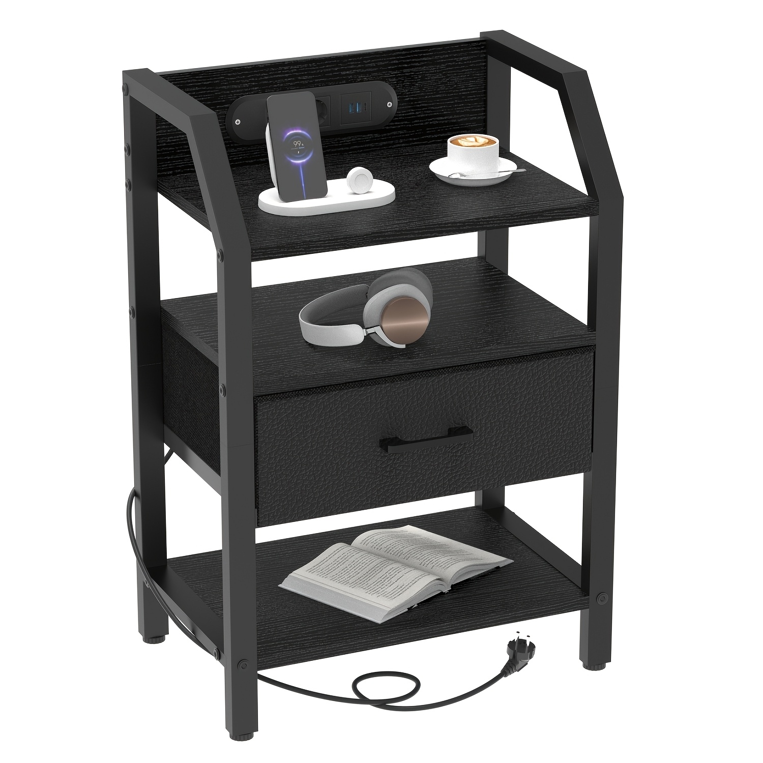 End Table With Power Outlets & Usb Ports, Night Stand With Charging Station & Led Light Strip, 3-tier Bedside Table With Storage Shelf & Fabric Drawers, For Closet, Entryway, Bedroom