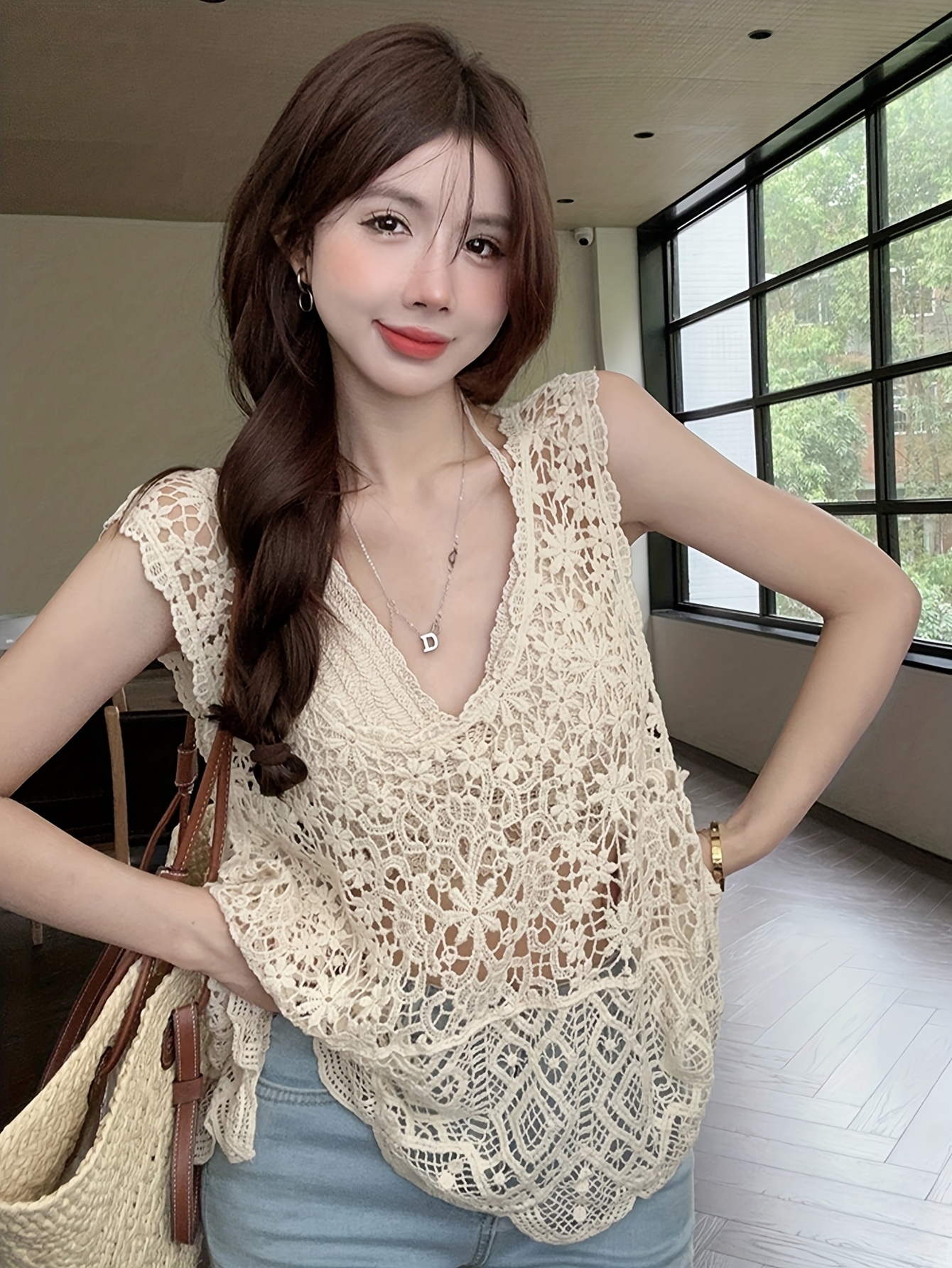 Crochet Crop Tank Top Elegant V neck Sleeveless Tan Top - Temu Canada