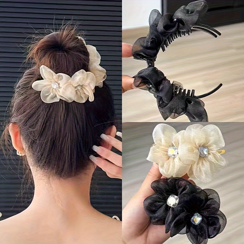 

Elegant 2-piece Rhinestone Mesh Flower Hair Claw Clips - Chic Banana Barrettes For Women & Girls, Perfect For Everyday Wear & Parties