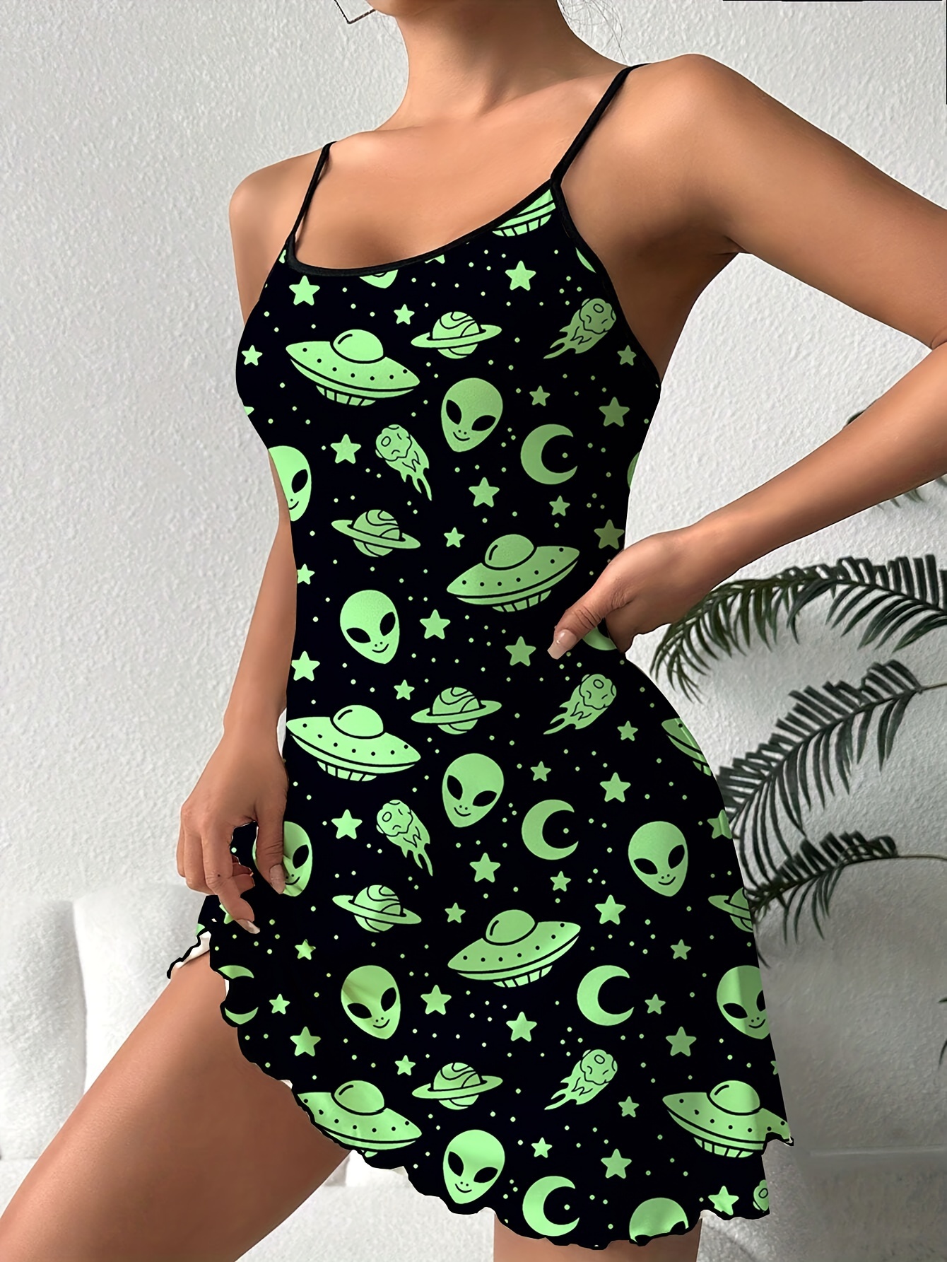 Alien Print Pajama Romper Lace Trim Deep V Backless Pajamas - Temu