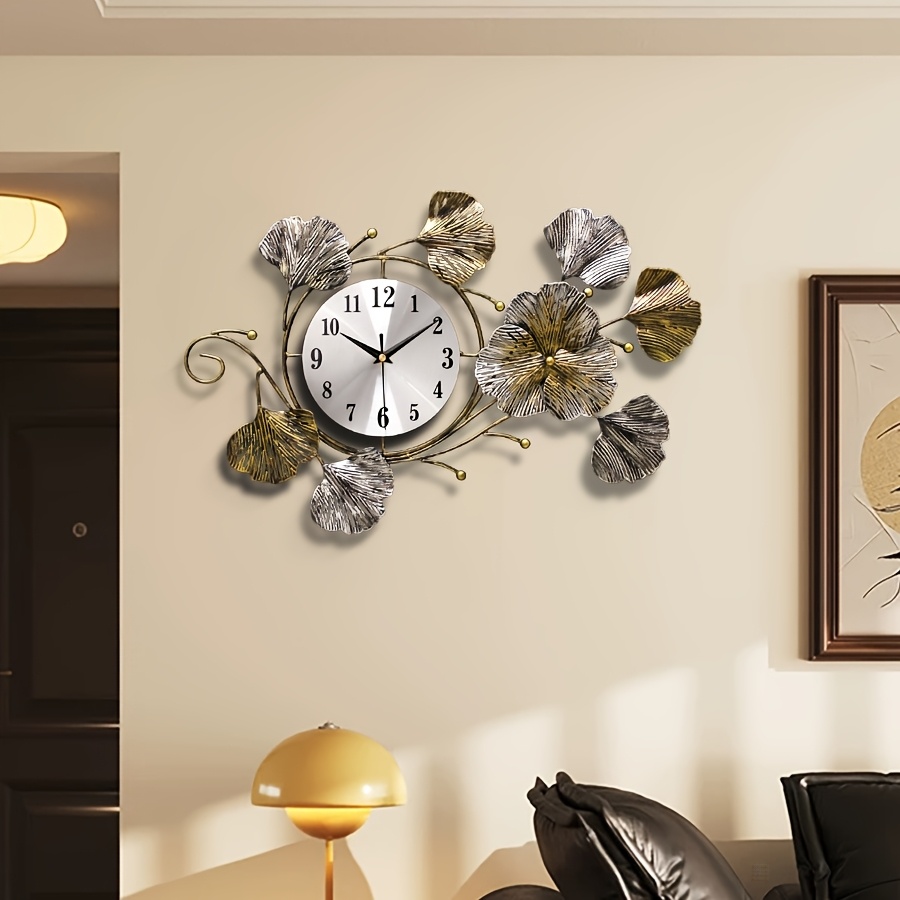 TEMU A Creative Metal Ginkgo Leaf Wall Clock, Wall Decoration, Silent Clock, Wall Art Decor, Minimalist Wall Clock, Metal Wall Decor, Clock For