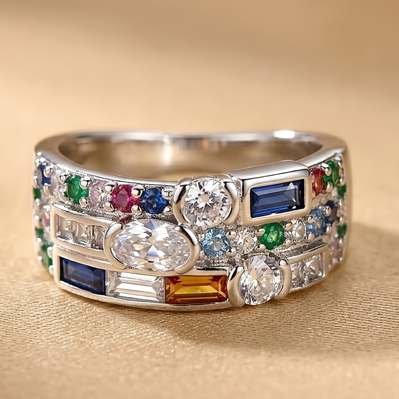 TEMU 1pc Luxurious Retro-style Colored Zirconia Asymmetric Wide Band Women' Ring - Elegant Exquisite Triple Row Synthetic Zirconia Design - Handmade