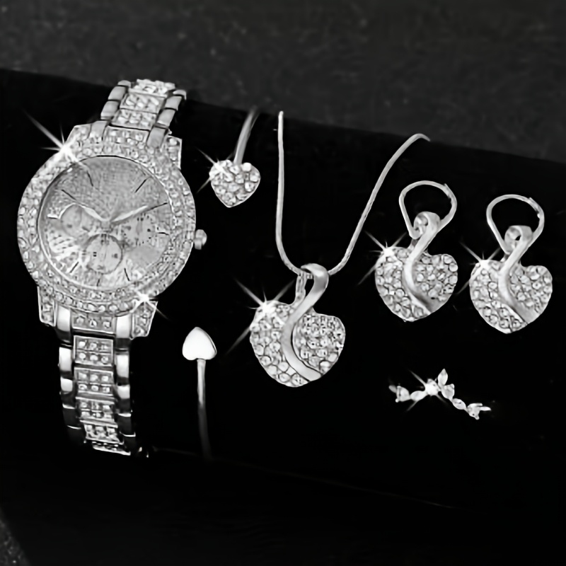 TEMU 6pcs Women's Watch & Jewelry Set - Golden-tone Sparkling Quartz Watch With Heart, Earrings, Necklace, Ring And Bracelet Fashion Jewelry Set