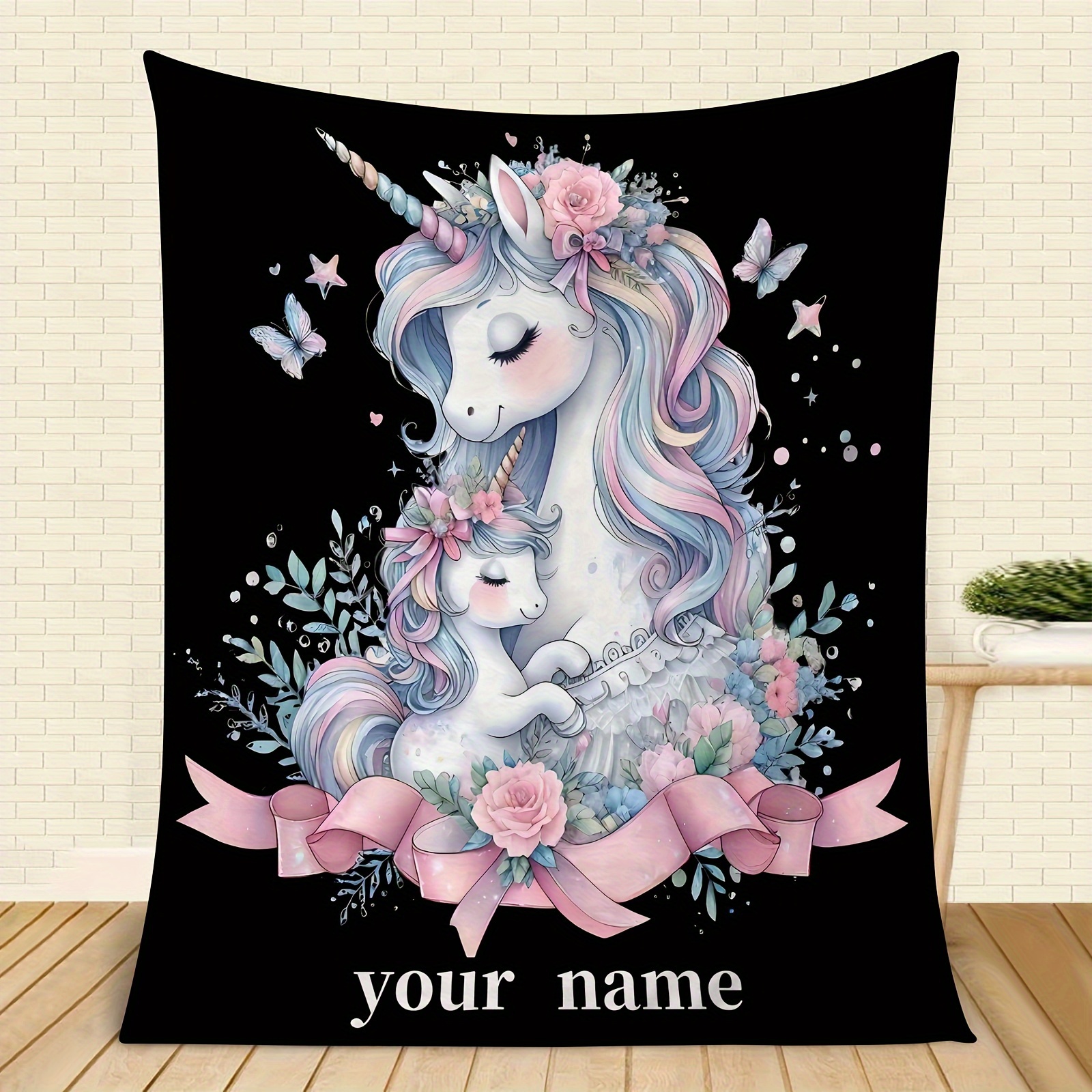 

1 Unicorn Customized Name Blanket, Garland Portable Lightweight Sofa Blanket, Bedding, Travel, Camping, Living Room, Office, Sofa, Chair And Bed - Soft And Warm Flannel Blanket