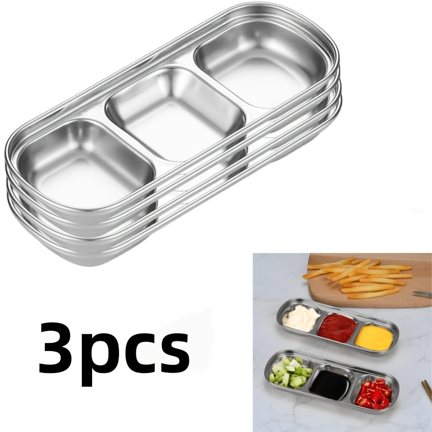 TEMU 3pcs/5pcs Dipping Bowl Set, Size: 21 X 8 X 2 Cm, 3-compartment Divided Sauce Dishes And Square Small Appetizer Plates, Stainless Steel Seasoning