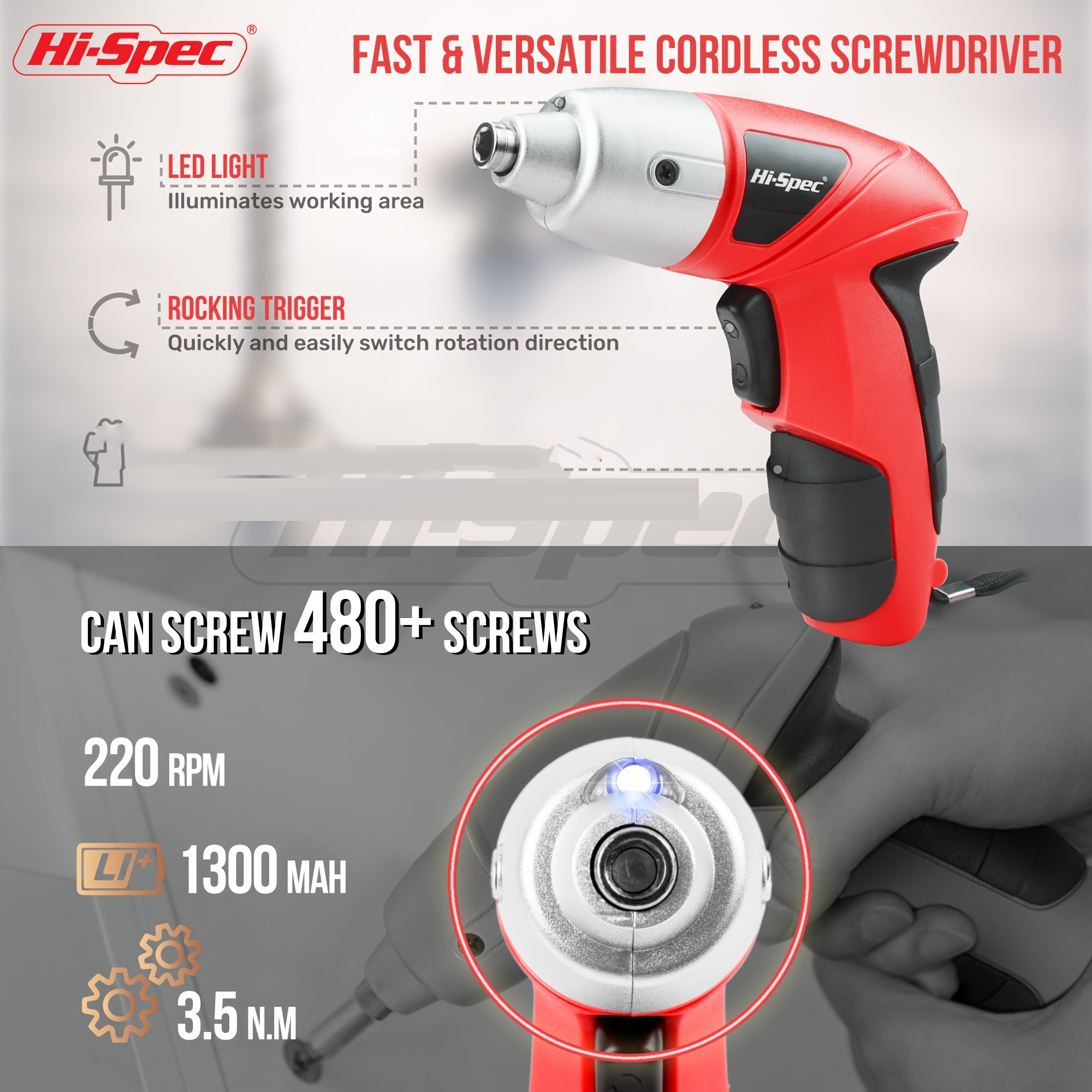 Hi-Spec Червен 3.6V Комплект Електрически Инструменти, Компактен Кутия с Инструменти, Инструменти за Домашен Ремонт, Многофункционален Електрически Комплект Инструменти за Домакинство, USB Зареждаща се Литиева Батерия, Ръчен Преносим Комплект Инструменти с Ниска Мощност за Различни Домашни Сценарии