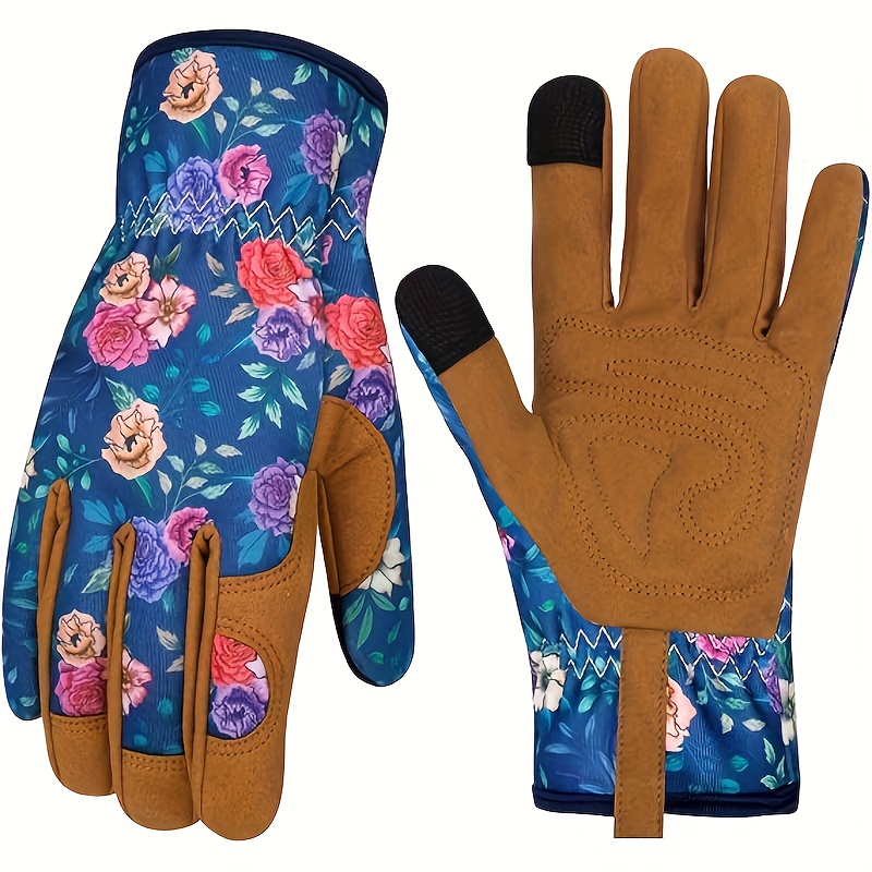 

1 Pair Of Touch-screen Floral Gardening Gloves - Breathable & Polyester, Fit With Brown Leather-like Palm, Ideal For Rose Pruning & Outdoor Tasks, Garden Tools