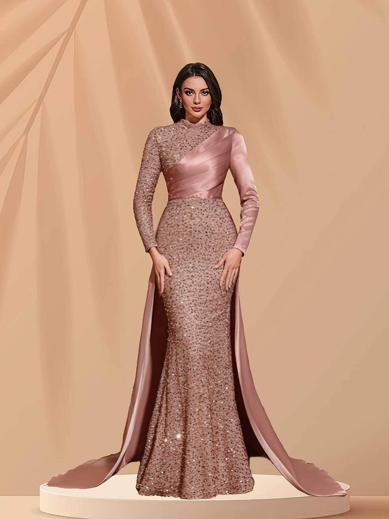 slim fit dress slacks Marcia Diamante Long Sleeve Maxi Dress / Nude | Meshki