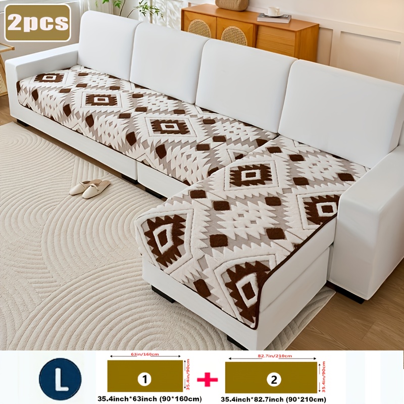 Image of 2pcs Bohemian Style Fashionable Jacquard L-shaped Sofa Covers, Thickened Anti Slip Velvet Furniture Protection Cover, Machine Washable, Use/home And Office Decoration