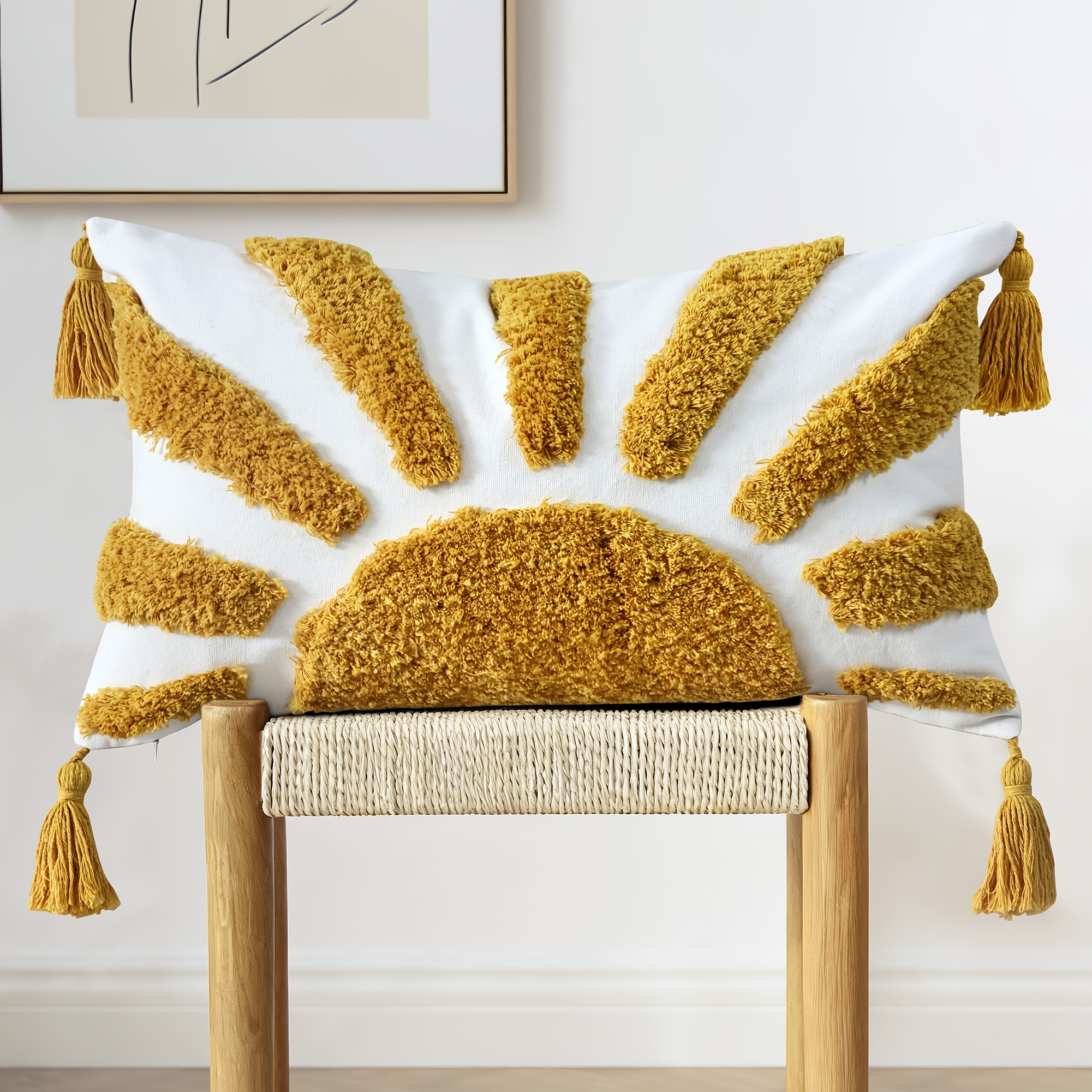 A Bohemian Sun Pattern Pillowcase, Featuring Nordic-style Cluster Embroidery, Machine Washable, With A Zipper Closure, Made Of 100% Polyester Fabric, Suitable For Types Of Rooms, In Yellow