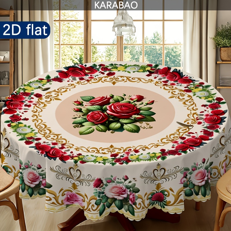 TEMU 1pc Independence Day Themed Party Tablecloth European Style Floral Tablecloth Round Tablecloth Decoration Restaurant Layout Edge Embossing