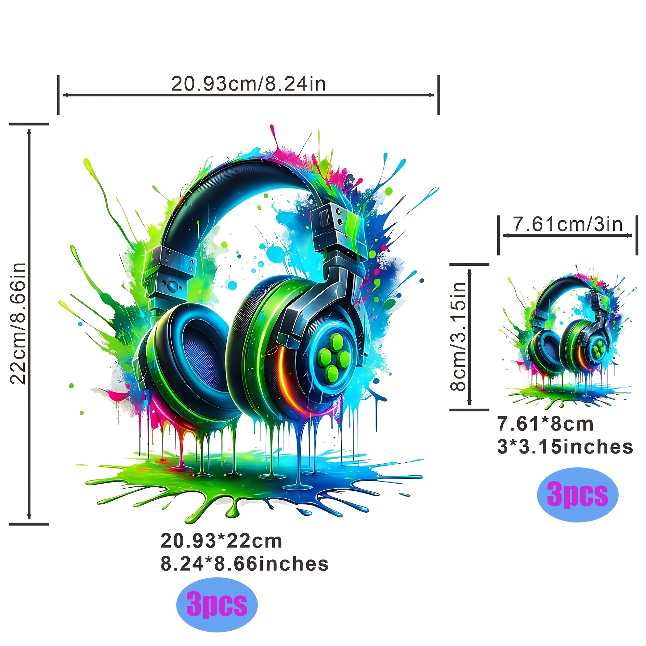 3pcs Colorful Headphone Iron-on Patches, T-shirt Iron-on Patches, Heat Transfer Vinyl Patches, Colorful Headphone Heat Transfer Paper Patches, Suitable For Clothing, Sweatshirts, Bags, And Crafts