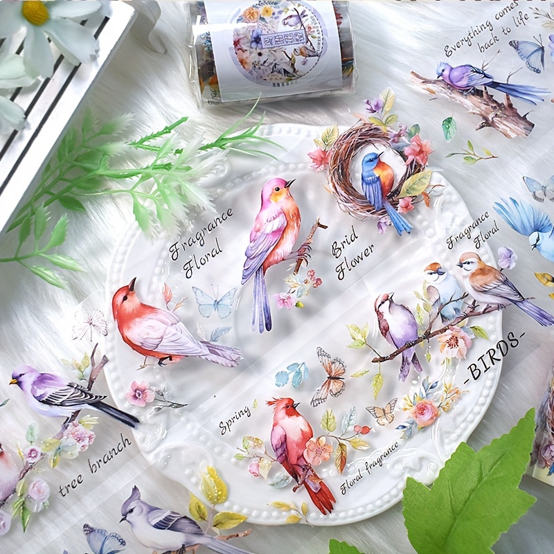 

Spring Birds And Flowers Pet Tape Transparent Tape Stickers, 2m Length, Silver Foil Accents, Decorative Planner Accessories For Journals And Scrapbooking