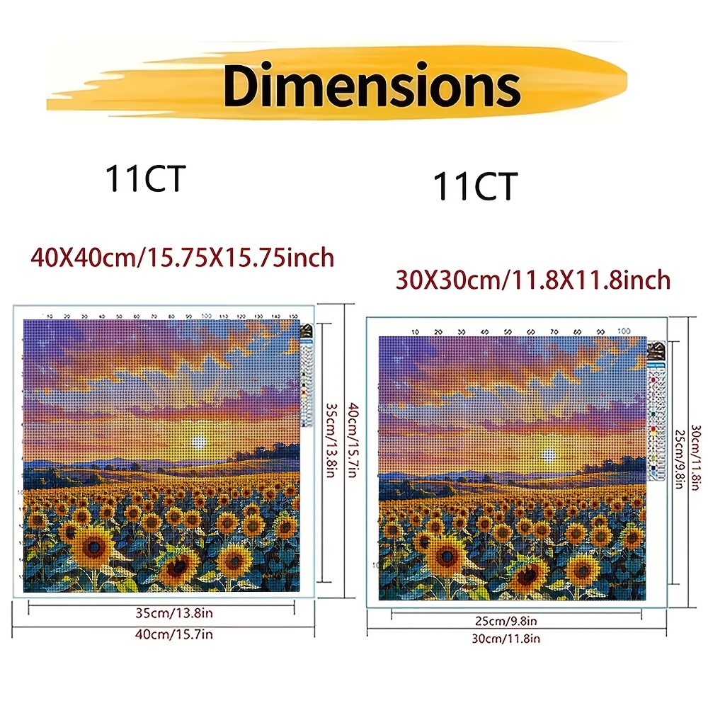 11CT Frameless Cross Stitch Kit, Sunflower Field Sunset Design