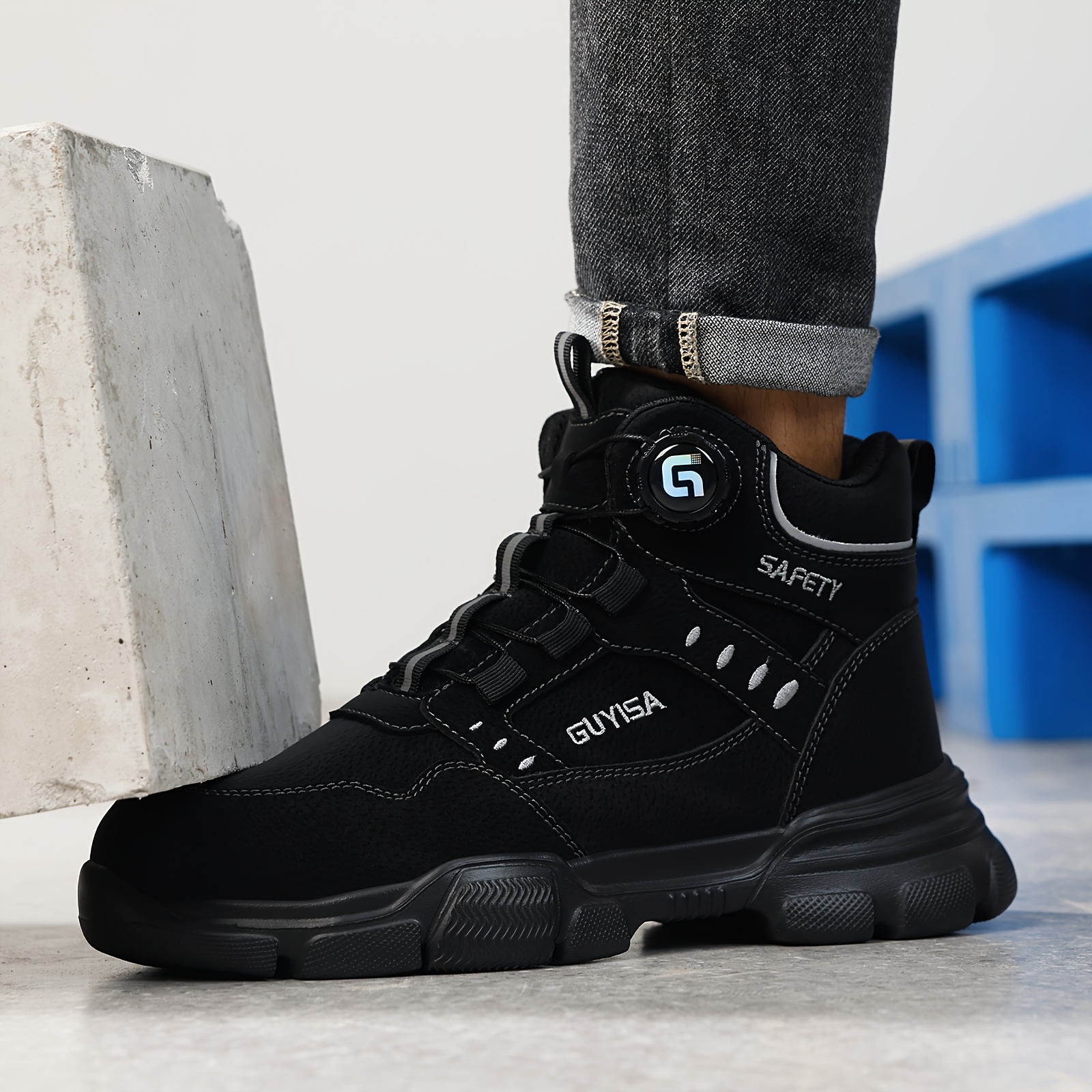 1 pair mens high top work shoes steel toe safety sneakers with side comfortable anti smash anti puncture casual sports footwear solid color round toe eva sole fabric new retro style college style movement style spring autumn spring summer details 5