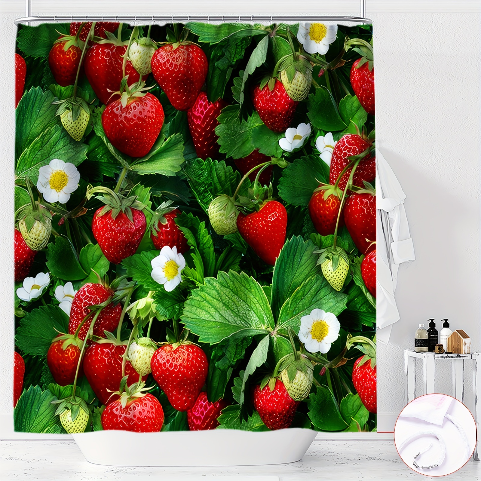 

Ywjhui Water-resistant Polyester Shower Curtain With Strawberry Plant Digital Print – Machine Washable, Includes Hooks, Knit Weave, Fruit-themed Bathroom Decor, Partially Lined, All-season