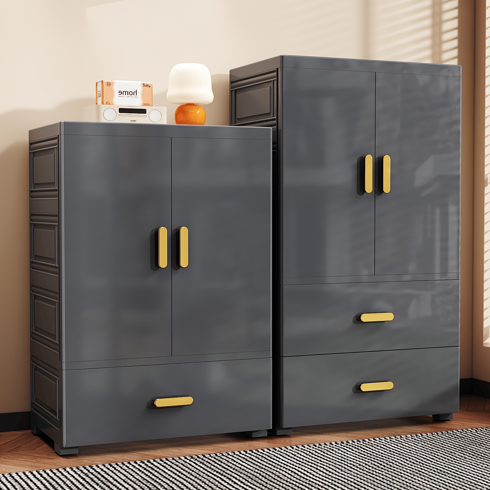 item picture a   entryway storage unit that   stacked featuring a lid wheels and doors this multi tiered foldable plastic cabinet is ideal for organizing wardrobes and storing clothing in   functioning as   storage solution
