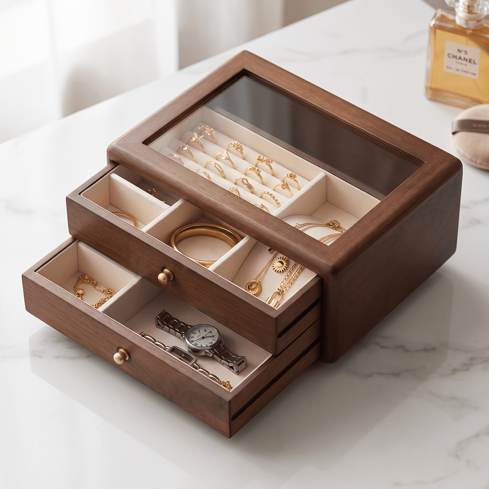 Wooden Walnut-colored Double-layer Transparent Jewelry Box with Drawer Design, Extra-large Capacity Storage Case, Suitable for Rings, Necklaces, Earrings, Bracelets, and Other Types of Jewelry. A Classic Solid Wood Jewelry Storage Box, a Practical
