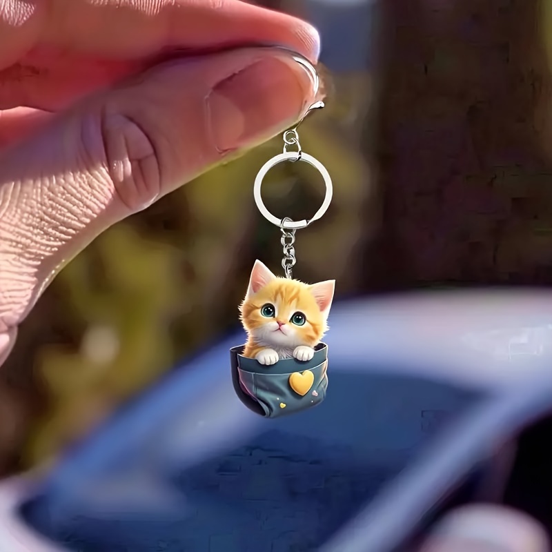 

Pocket Cat Keychain - Flat Cartoon Animal Charm For Backpacks & Car Decor, Perfect Gift Idea