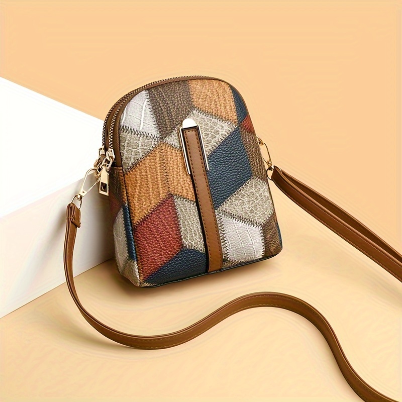 

Retro Rhombus Pattern Mobile Phone Bag, Mini Colorblock Patchwork Crossbody Bag, Women's Bohemian Shoulder Purse