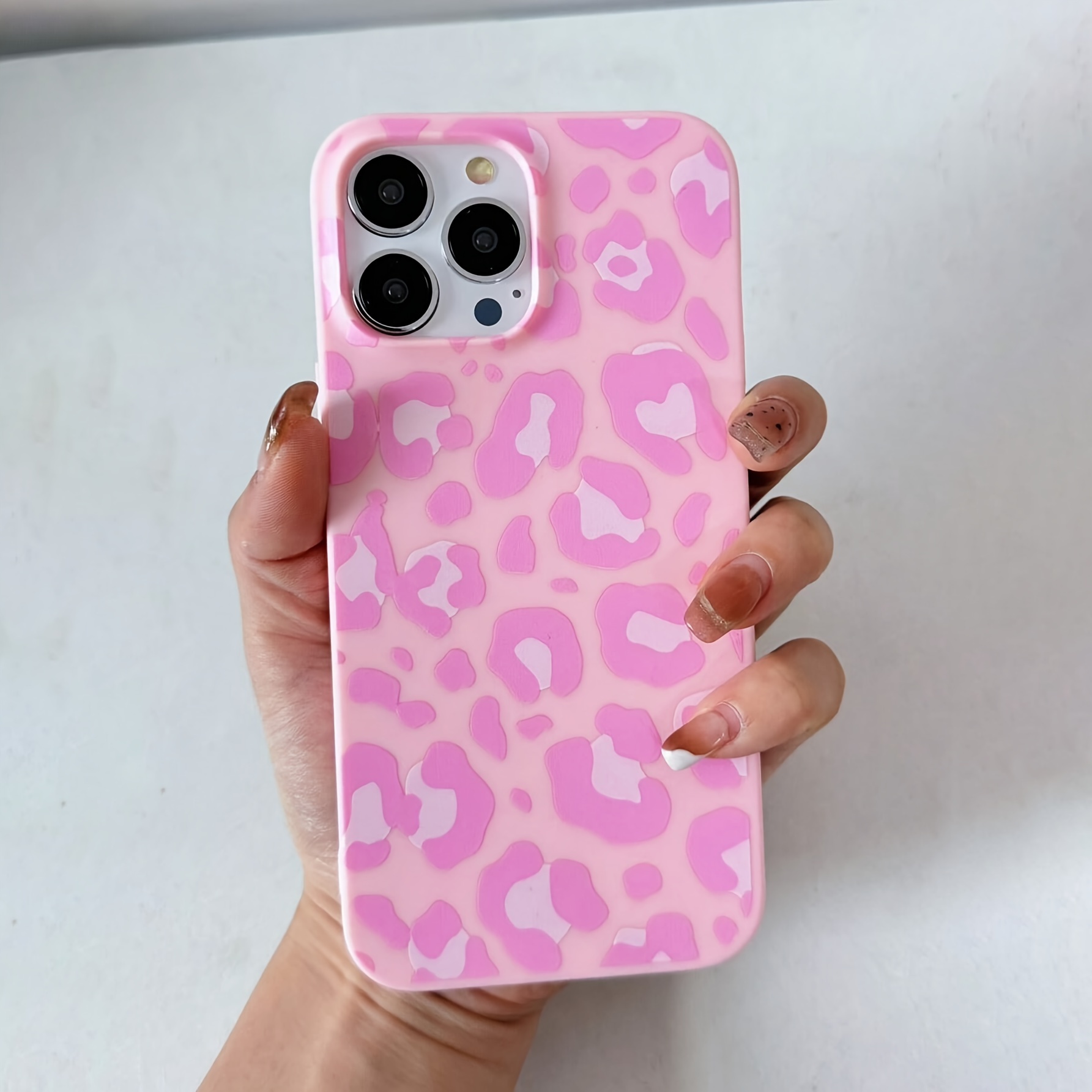 TEMU Phone Case: Pink Leopard Print Large-hole Frosted Full-coverage Drop-proof Phone Case, Suitable For 15 Pro Max/15 Plus/15 Pro/15/14 Pro Max/14