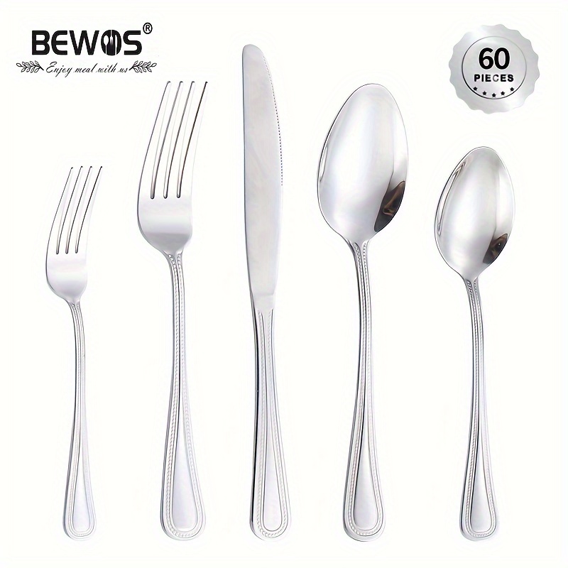 TEMU 60pcs Knife, Fork, Spoon Set, Elegant Design With Bead Patterned Edges, Stainless Steel Cutlery Set, Comfortable Handle , Suitable For Weddings, Dinners, Hotels, Family , Banquets