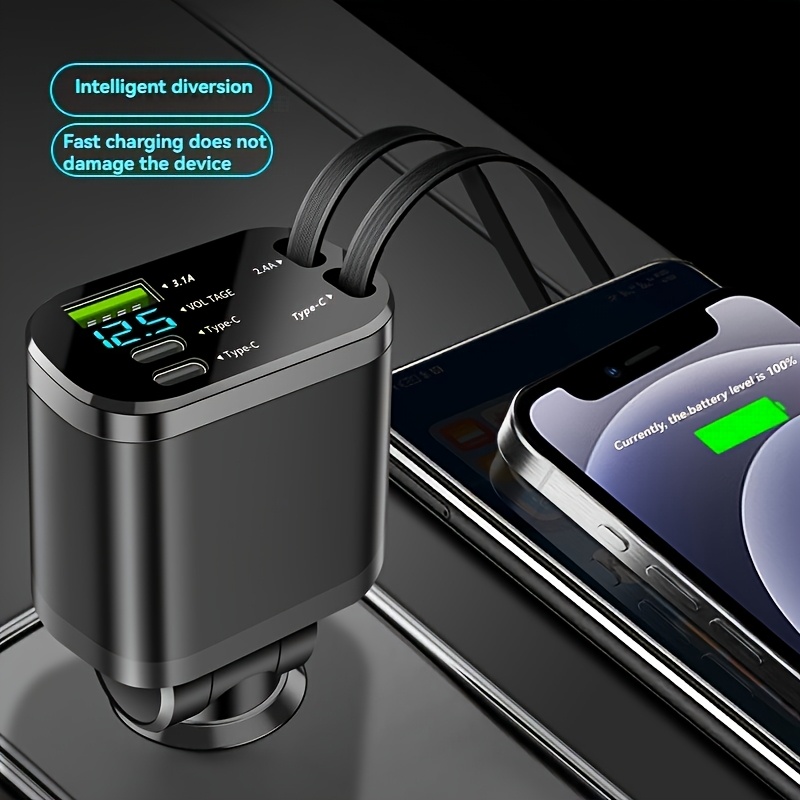 120W Бързо сгъваемо автомобилно зарядно с 2 USB Type-C кабела - Щепсел, без батерия, решение за зареждане в кола | Компактно зарядно | Сгъваем кабел, бързо зареждане за автомобили