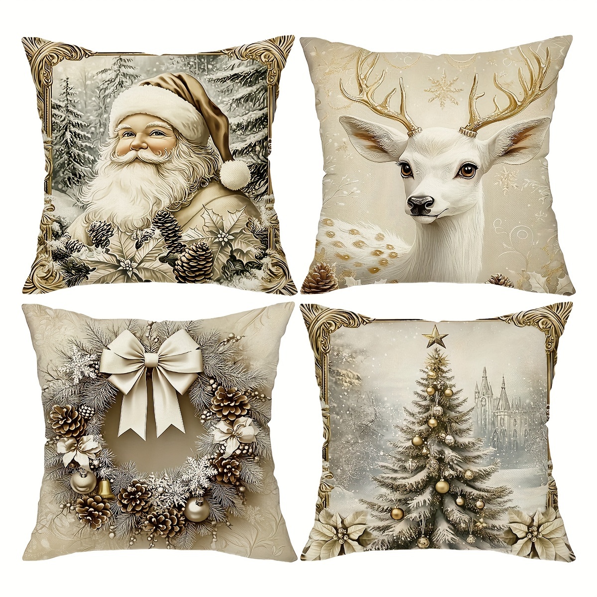 

4-pack Vintage Christmas Cushion Covers, Farmhouse Decor, Santa, Deer, And Christmas Scene Patterns, 18x18 Inch, Woven Polyester Zippered Sofa And Living Room Accessory, Washable