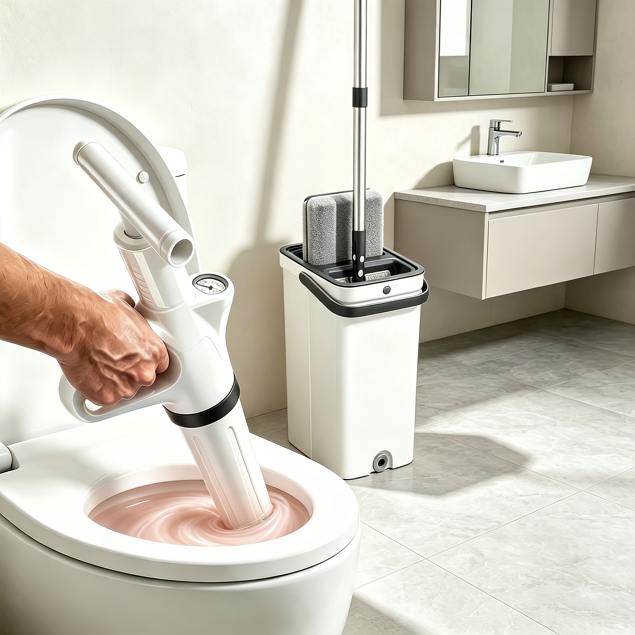 Image of Pipe Unclogger Kit With Air Pressure Gauge, Sewer Clog Removal Tool, High Pressure Unclogging Tool, Stainless Steel, For Unclogging Toilets, Floor Drains, Bathroom Pipe Clogs