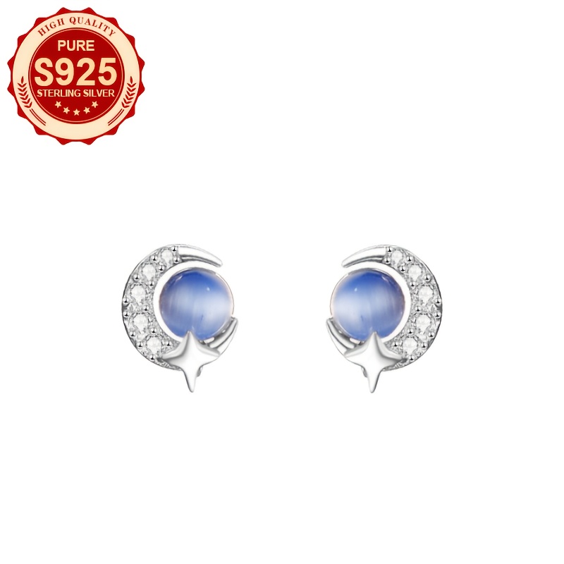 Glass Crescent Moon & Star Stud Earrings, S925 Silver
