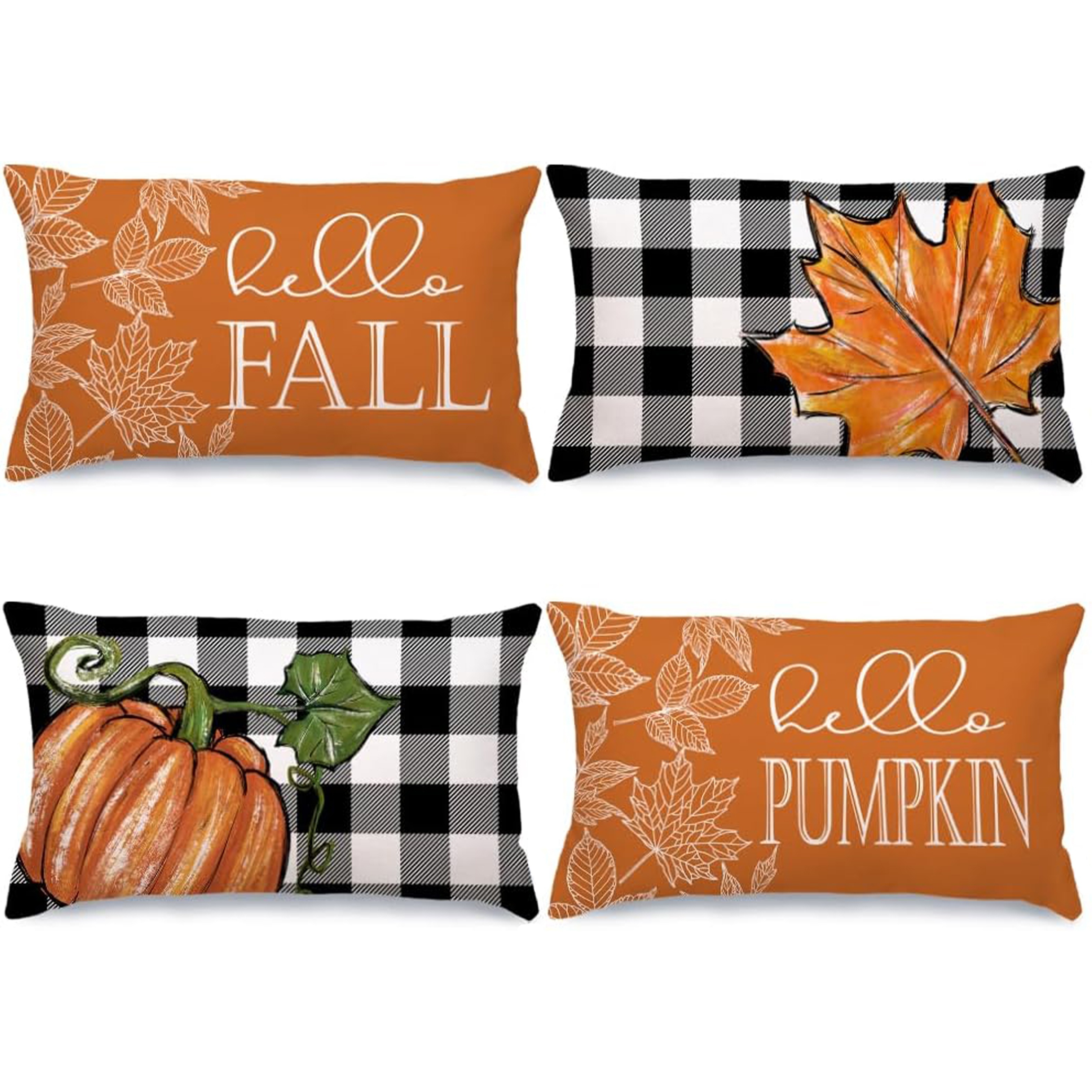 

4-pack Linen Fall Throw Pillow Covers 12x20, Contemporary Style, Buffalo Check & Pumpkin Design, Autumn Maple Leaf Pattern, Zipper Closure, Machine Washable, Decorative Cushion Cases For Rooms