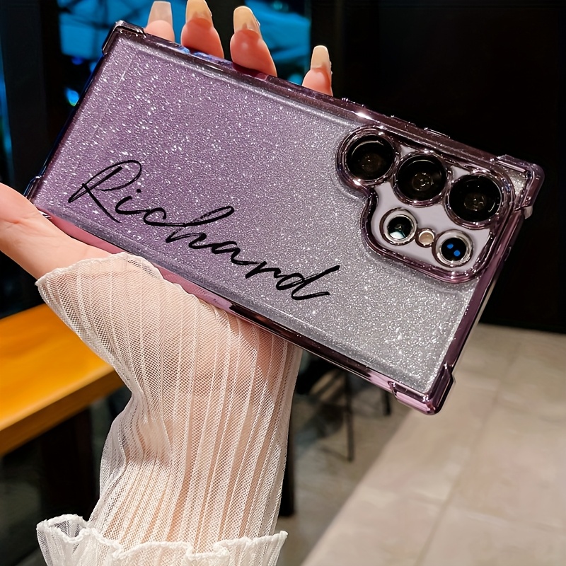 TEMU Phone Case - 2pcs Set (1pc Phone Case And 1 Sheet Glitter Paper) Custom Diy Name Corner Gradient Phone Case Suitable For Galaxy S26 S25 Edge S24