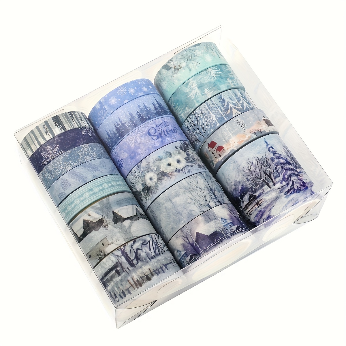 Image of A Set Of 18 Rolls Of Washi Tape Featuring Winter Snow Scene Designs, Self-adhesive Sticker Rolls Showcase Winter-themed Patterns, Perfect For Embellishing Scrapbooks And Handmade Gifts For
