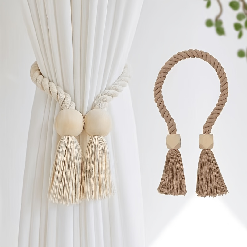 4pcs Ya Mei Magnetic Curtain Ties. Easy Wooden Tassel Curtain Hooks. Suitable for Curtain Fixation in Bedrooms, Living Rooms And Kitchens. Home Decor