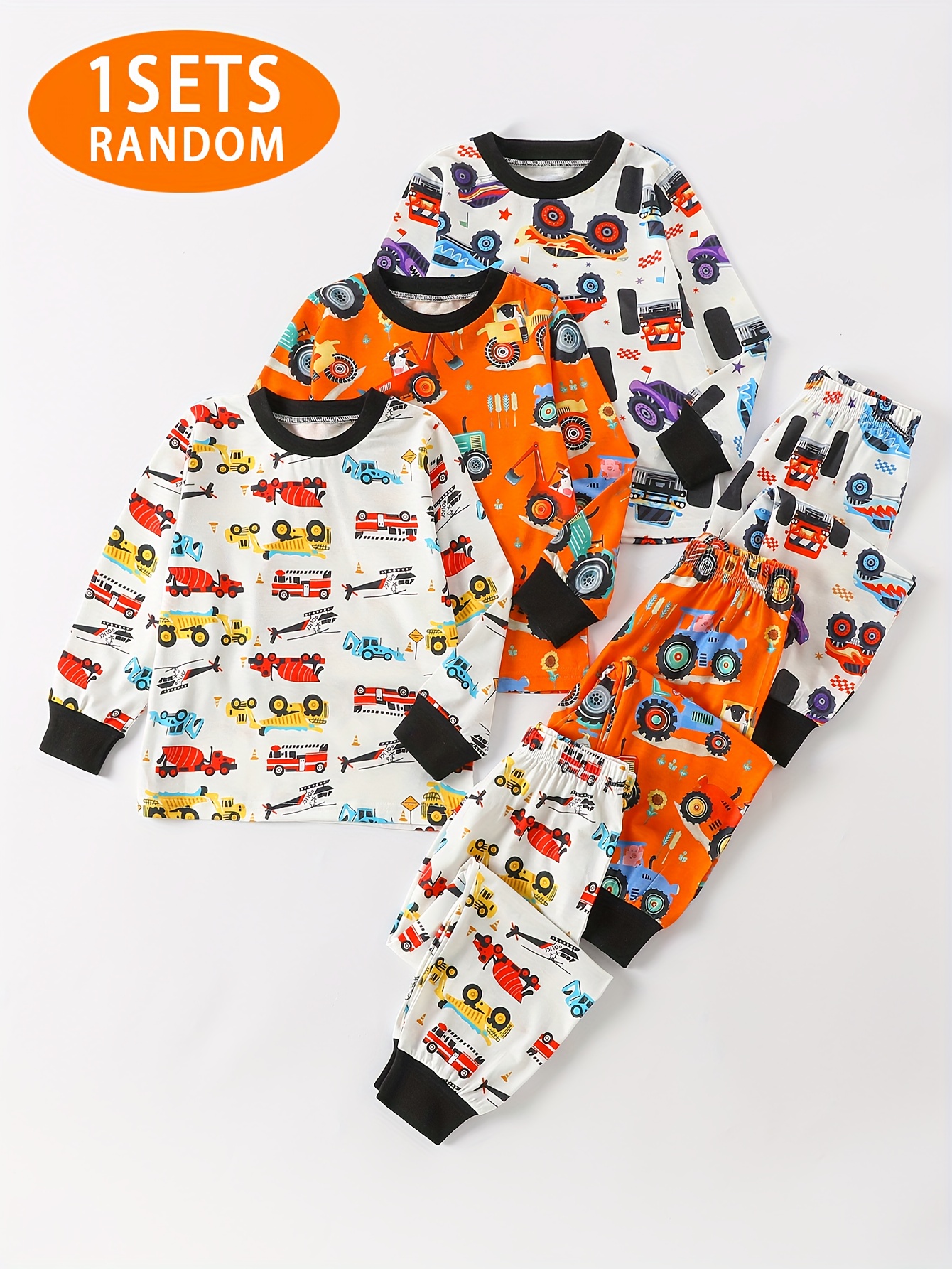 item picture random set of boys pajamas round neck long sleeve top and full print long pants with   car patterns comfortable and soft ideal gift for spring and autumn daily life