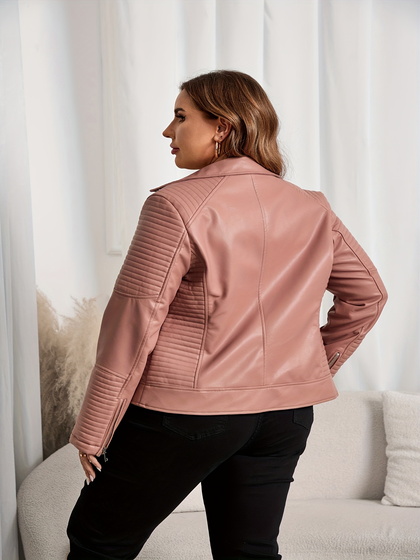 plus size pu leather biker jacket women casual lapel collar Temu