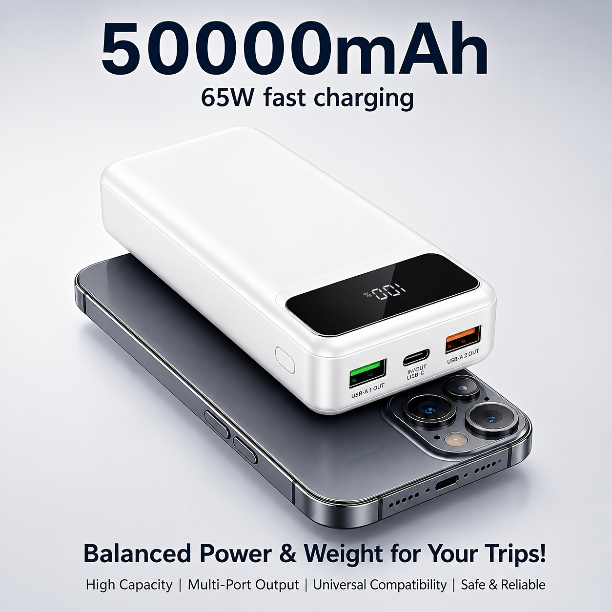 Image of 50000mah Power Bank, 65w Fast Charging Portable Charger, High Capacity Battery Pack With 2 Usb-a And 1 Usb-c, Led Digital Display For Phone, Tablet, Gaming, Travel, Camping, Hiking And