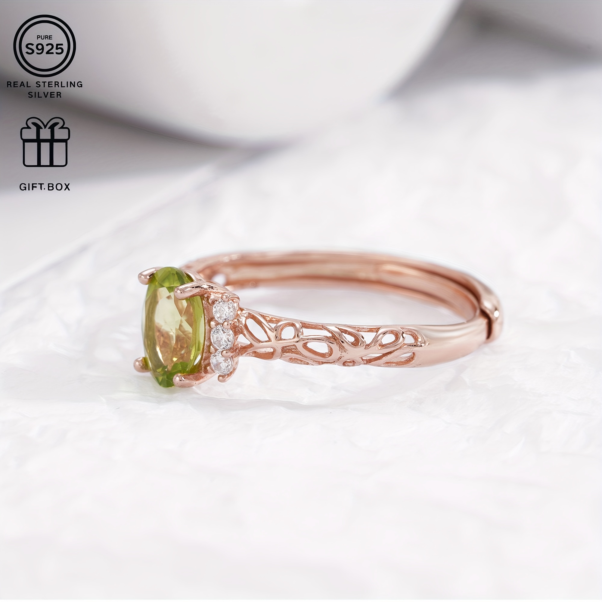 925 Silver Ring w/ Natural Gemstone Plated Hollow Pattern Lightweight