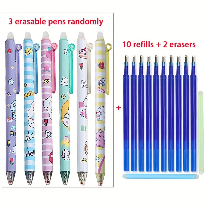 

error-free" Crystal Blue Erasable Gel Pen Set - 3 Pens, 10 Refills, 2 Erasers | Fine Point 0.5mm Bullet Tip For Smooth Writing